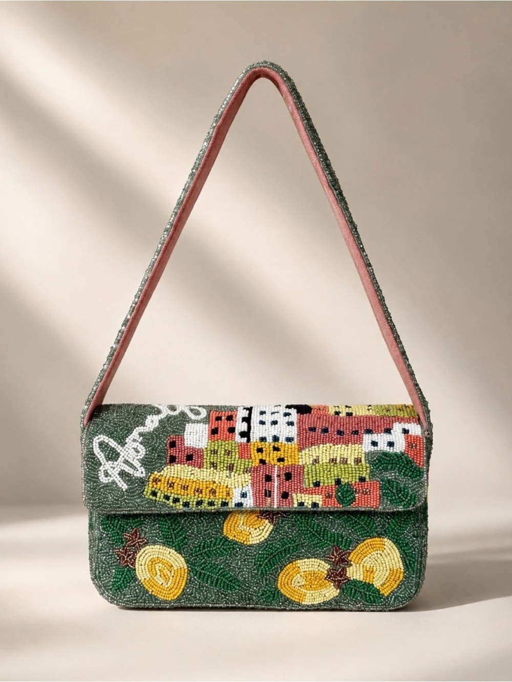 Beaded Floral Green Shoulder Bag - Unbranded